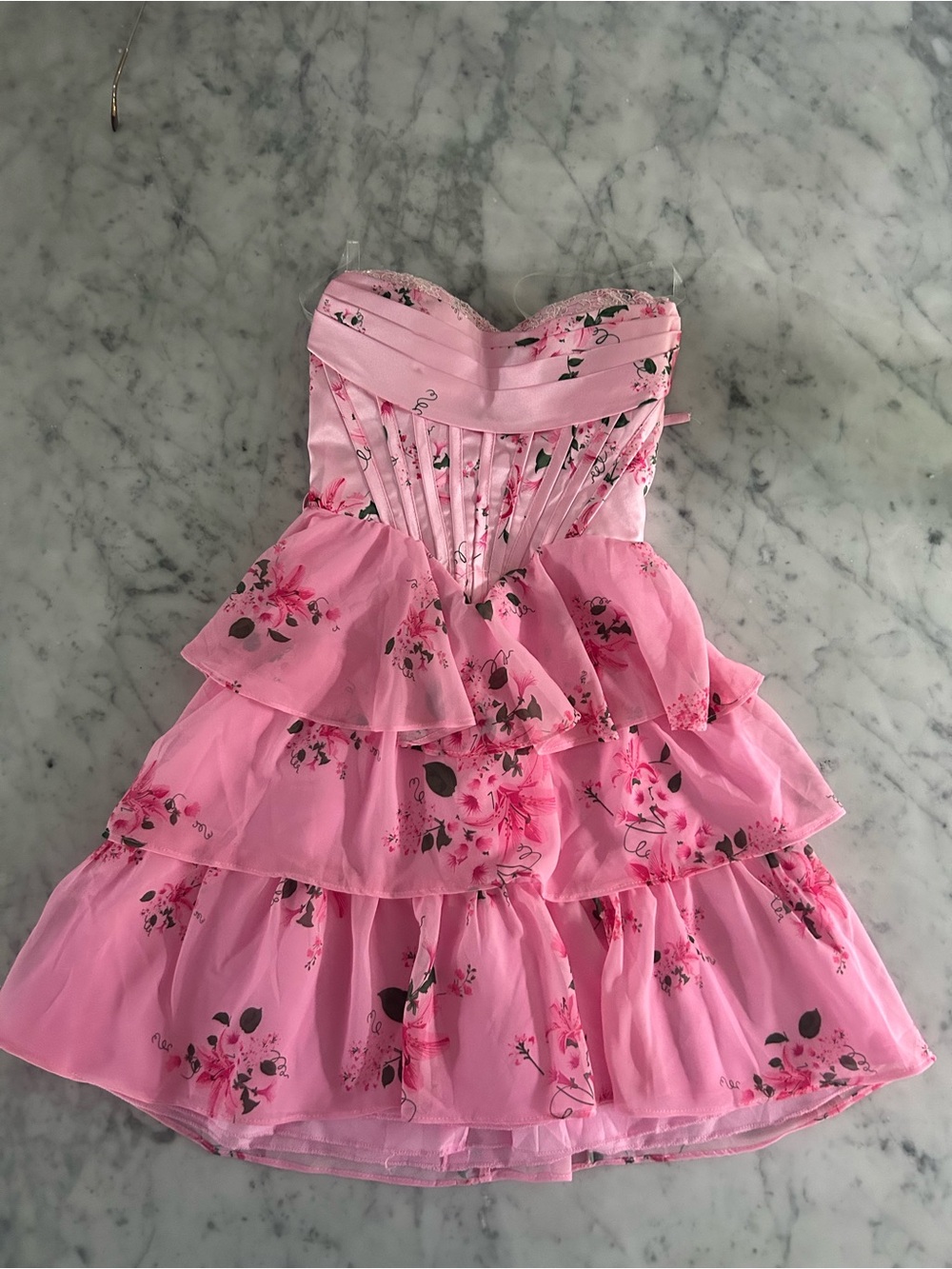 Strapless Pink Floral Tiered Ruffle Dress